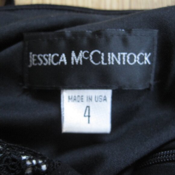 Jessica McClintock Black and White Embroidered Cocktail Dress Size 4 Ruched LBD - Picture 4 of 7